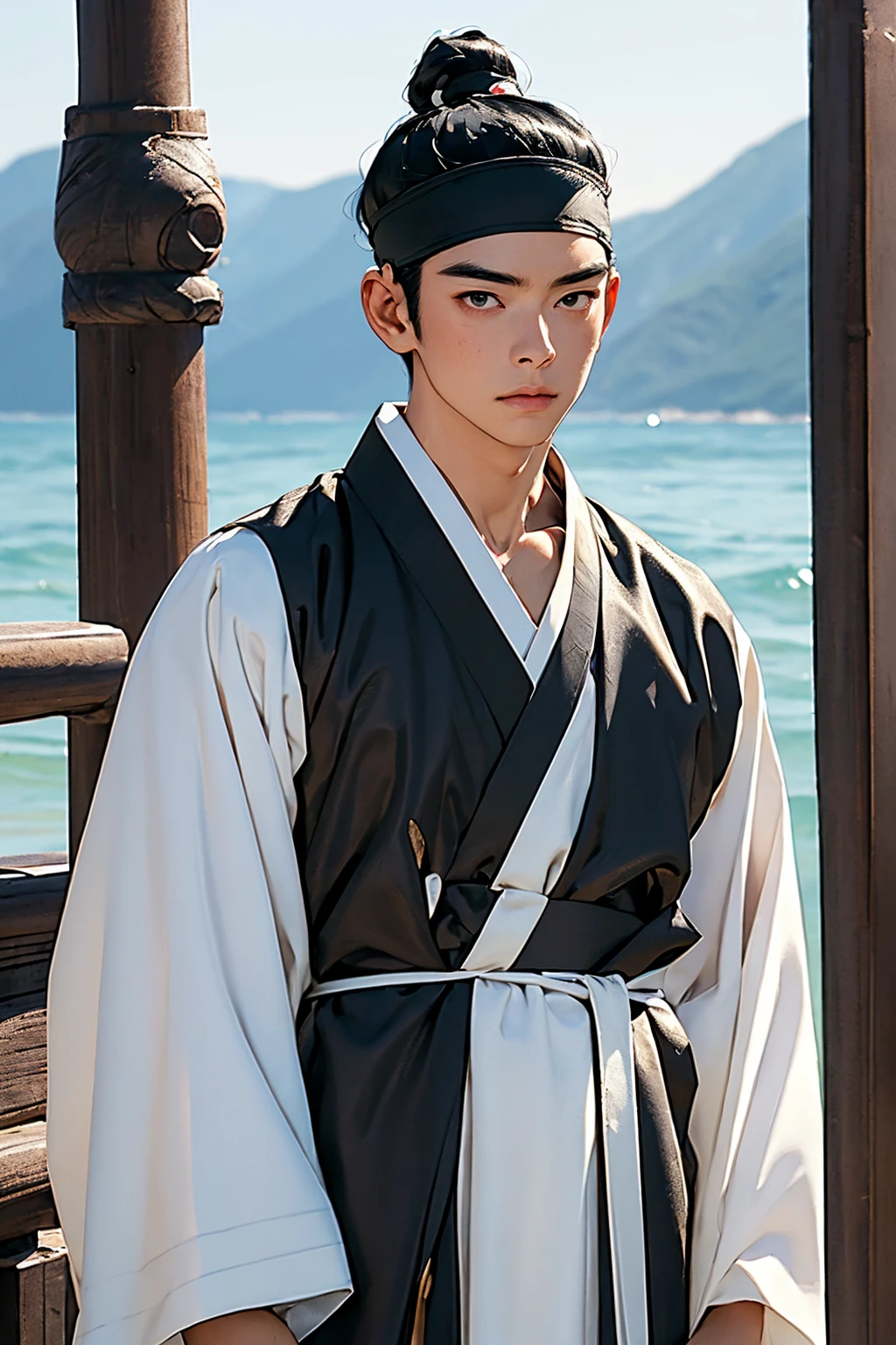 (absurdres, highres, masterpiece, best quality, ultra-realistic,ultra-detailed),(beautiful detailed face and eyes and hair:1.1),handsome,asian man,tall and muscular,broad shoulders,black hair,black eyes,datailed face,topknot,see-through headband,white hanbok,sad,upper body, sea background