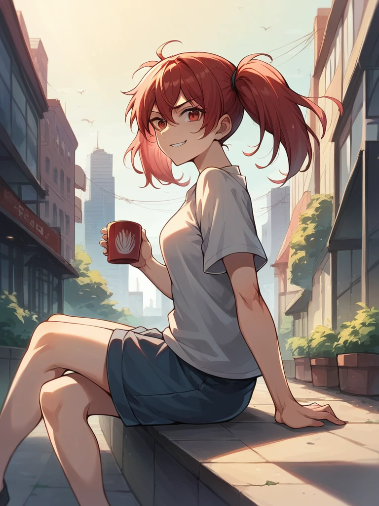 (digiNokia:1.3) , red hair, twintails, medium breast, energy, active, sitting, outdoors, uper body close_up, side view, looking at viewer, holding a cup of cofee, smirk, City background, crowded, background blur, casual outfit, masterpiece, high quality, score_9, score_8_up, score_7_up, score_6 