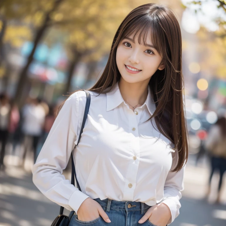 Produce the highest quality and highest resolution 8K images。The model is a 20-year-old Japanese woman.。The image depicts a person smiling at the camera and taking a commemorative photo at a tourist spot.。Draw the whole body of the model。She has brown eyes and a model figure.、She has an idol-level cute face.。The hair is curly。Skin has a healthy color。What to wear、She&#39;s wearing a T-shirt and a skirt。