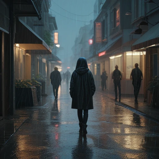 Capture the moment Riya senses she is being followed. Show her in mid-step, turning her head slightly with a nervous expression. Behind her, a faint, shadowy figure can be barely seen, adding suspense without revealing who it is. The rainy, dark street amplifies the mysterious, chilling feel.