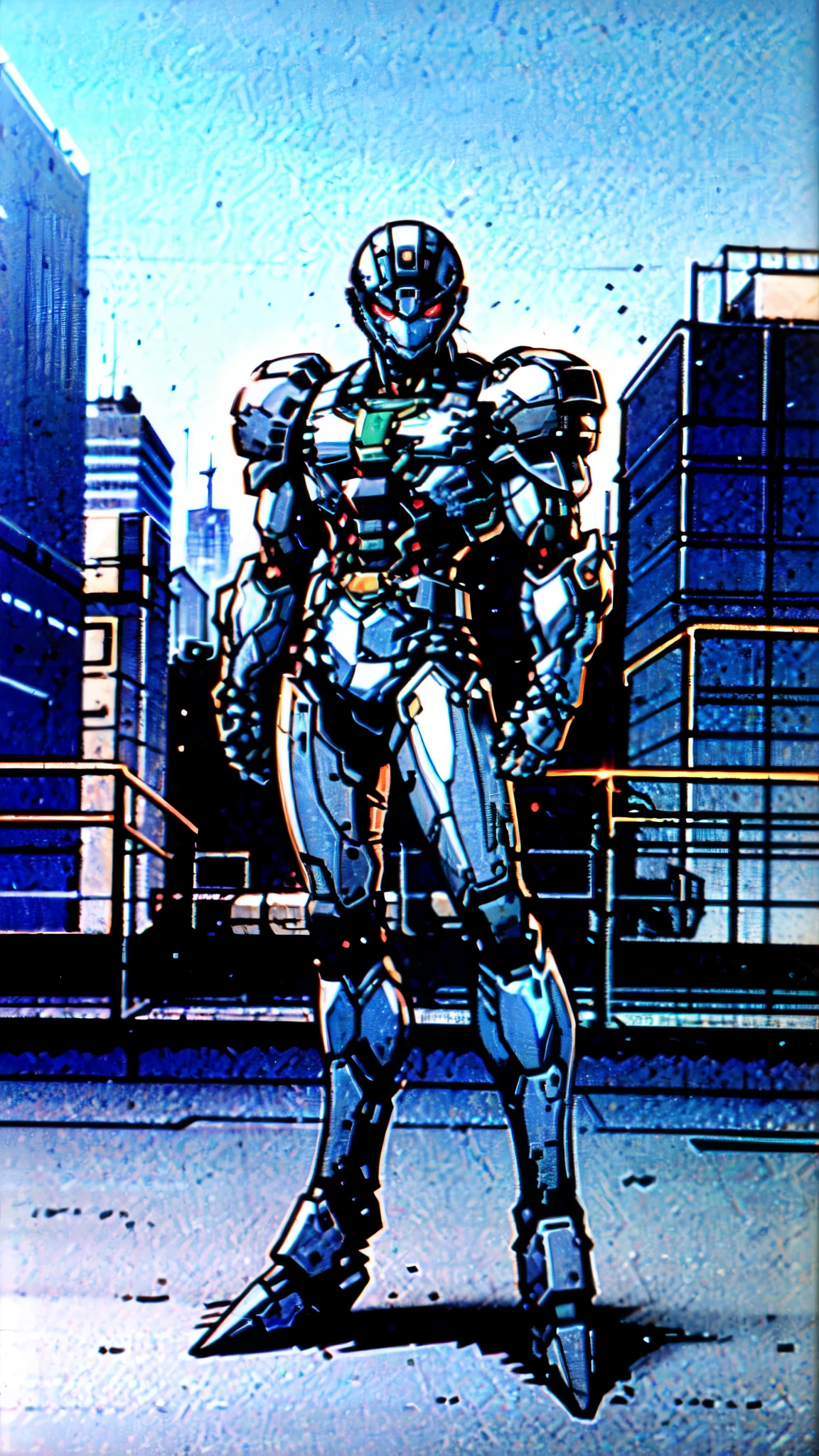 (masterpiece:1.5, best quality:1.5, extremely delicate:1.5), ((male:1.5)), a man wearing a full-face helmet, green eyes, fantasy-style high-tech biomimetic armored combat suit, (a composite layered chest armor), the design balances heavy with agility, fully enclosed shoulder guards, matching arm and leg guards, a belt of gemstone, (the color scheme is primarily Red and Blue with Black accents, Organic Biotech, Concept Inspired by superhero, glowing eyes, armor glows, stand of a futuristic sci-fi city), this character embodies a finely crafted fantasy-style armored hero in anime style, exquisite and mature art style, metallic, high definition, highres, ultra-detailed, ultra-fine painting, professional, perfect body proportions, golden ratio, anatomically correct, symmetrical face, extremely detailed eyes and face, high quality eyes, creativity, RAW photo, UHD, 32k, Natural light, cinematic lighting, masterpiece-anatomy-perfect