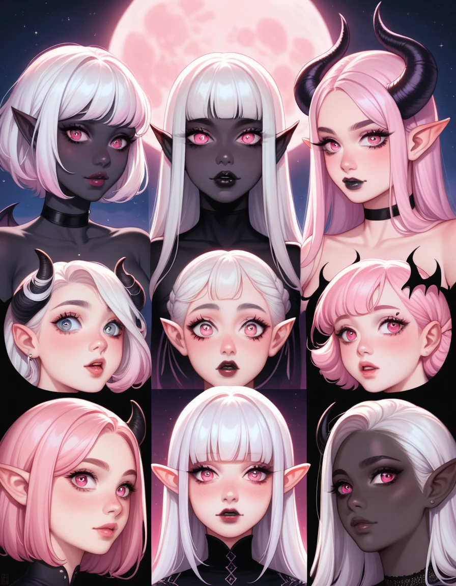 score_9, score_8_up, score_7_up, Random poses, A beautifully detailed woman, succubus female, long white hair, elf ears, large eyes, pink iris, long eyelashes, detailed facial features, black lipstick, (((Black skin))), black demon horns, breasts, pink moon, night sky, pastel goth, (pastel art style), (medium shot)
