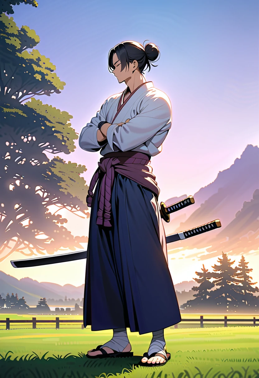 masterpiece, best quality, perfect lighting, high resolution, 1 guy, samurai, muscular, (tall stature), slim build, black hair, (manbun samurai hairstyle), spiky dual bangs, shut eyes, calm demeanor, handsome, (masculine face), (white baggy long-sleeve kimono top), long faded-blue cloth wrapped around waist, (thick light-purple rope wrapped around waist), mildly baggy navy-blue pants, (black bandages wrapped over ankles), black sandals, ((sheathed katana behind on waist)), arms crossed, full body view, three-quarter view, pasture background, (detailed background)