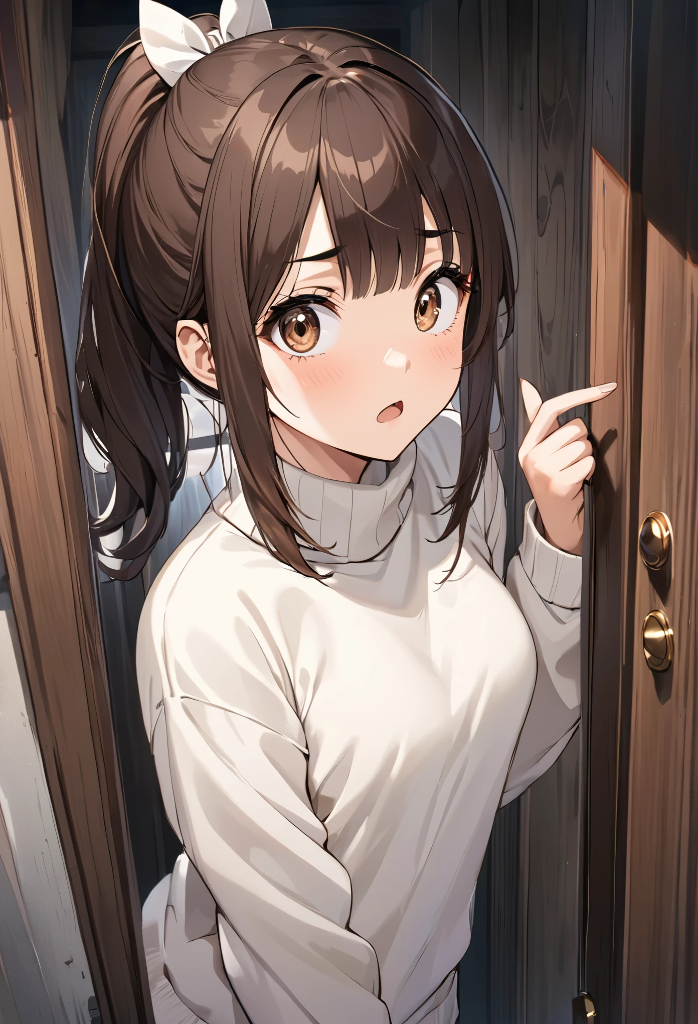 until, high quality ,  Excellent resolution , Girl alone, s, half body,  beautiful face,  well-defined features ,  innocent and surprised look that raises eyebrows , , brown eyes, girl appearance,  dark brown hair,  bangs sideways with rectangular pins ,  she wears a ponytail that comes out of the left side of her head ,  is standing opening the door of her house to receive someone ,  she looks surprised with her eyebrows raised while clasping her index fingers of both hands somewhat nervously,  she wears a white oyster turtleneck sweatshirt , Background of the dark house , The view is slightly sideways  