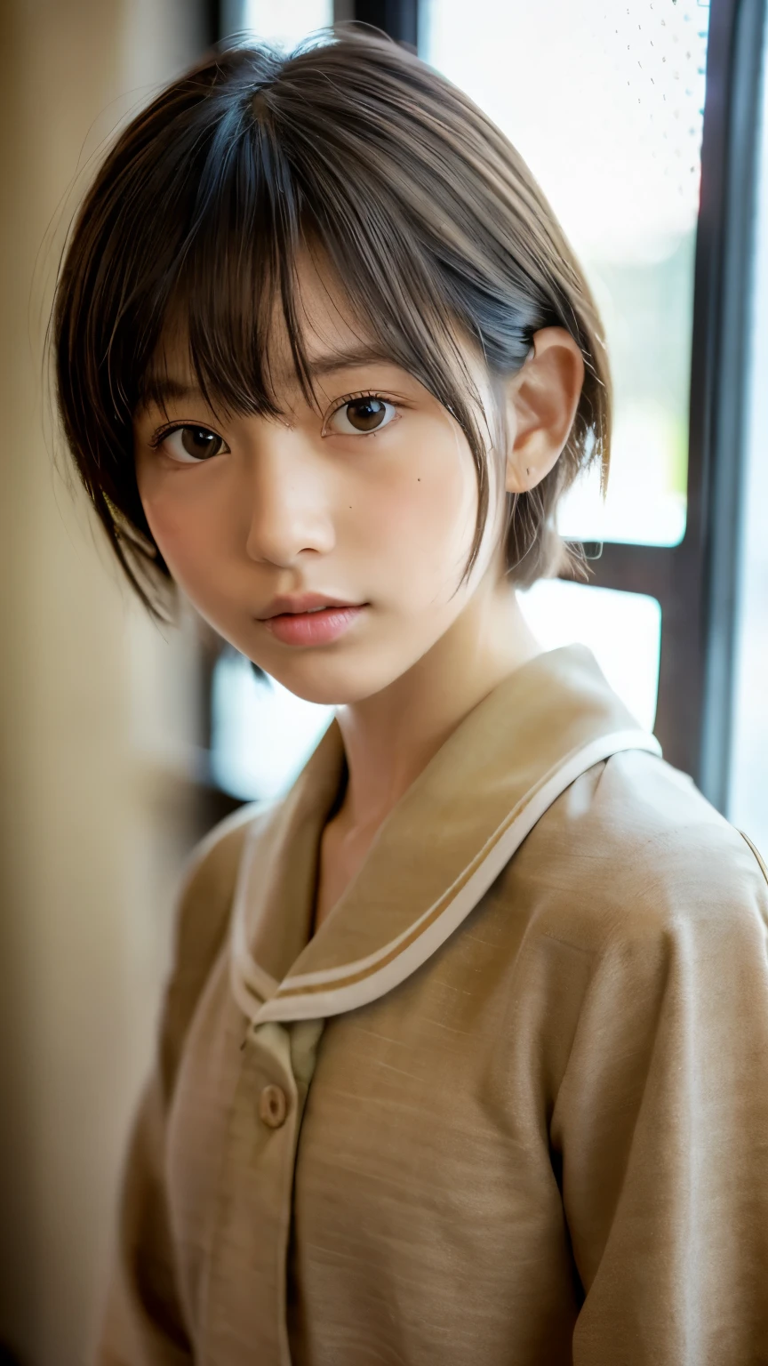 ((Highest quality, masterpiece :1.3)), Realistic、Ultra-high resolution、Natural skin texture、Hyperrealism、Nearby Movies、Beautiful Japan schoolgirl、Completely naked、nude、Rope bondage around the chest、Angry expression、Stylish bedroom、Small breasts、Underdeveloped flat chest、Flat chest、Pixie Haircut、School Uniform