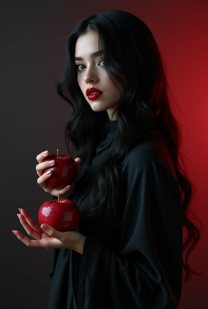"Imagine an incredibly beautiful woman with fair skin and long black hair, her face bare of makeup. Her expression is a disturbing blend of sinister and twisted affection, reflecting a deep sense of nihilism and romantic despair. The image is dark and photographic, filled with deep shadows that intensify the menacing atmosphere. She is holding a bitten apple, with a serpent tightly coiled around her hand. Behind her, a male figure emerges. His face is grotesque and terrifying, partially obscured by darkness, with only glimpses of his disfigured features visible through the shadows."