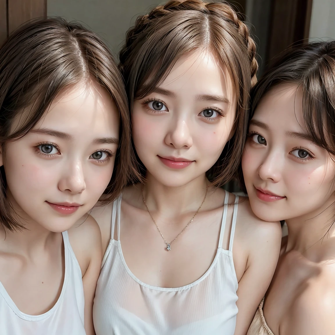 ( 3 girls),smile、Look into the camera、Diamond necklace、braided hair (Exaggerated), (Enlightenment), (high resolution), (in 8K), (มีรายVery detailed), (The best Enlightenmentns), (Beautifully detailed eyes), (Highest quality), (Very detailed), (Masterpiece), (Wallpaper), (detailed face), Sweat in the armpit area,lift,pink hair color, short hair,upper body up,Young woman in a white tank top, Japan, big , (camel toe)