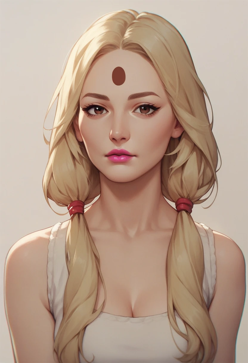 lora:TsunadeXL-v2-04:0.8>, ChopioTsunade, blonde hair, long hair, low twintails, hair tie, brown eyes, forehead mark, pink lipstick, looking at viewer, mature female, large breasts, red nails,