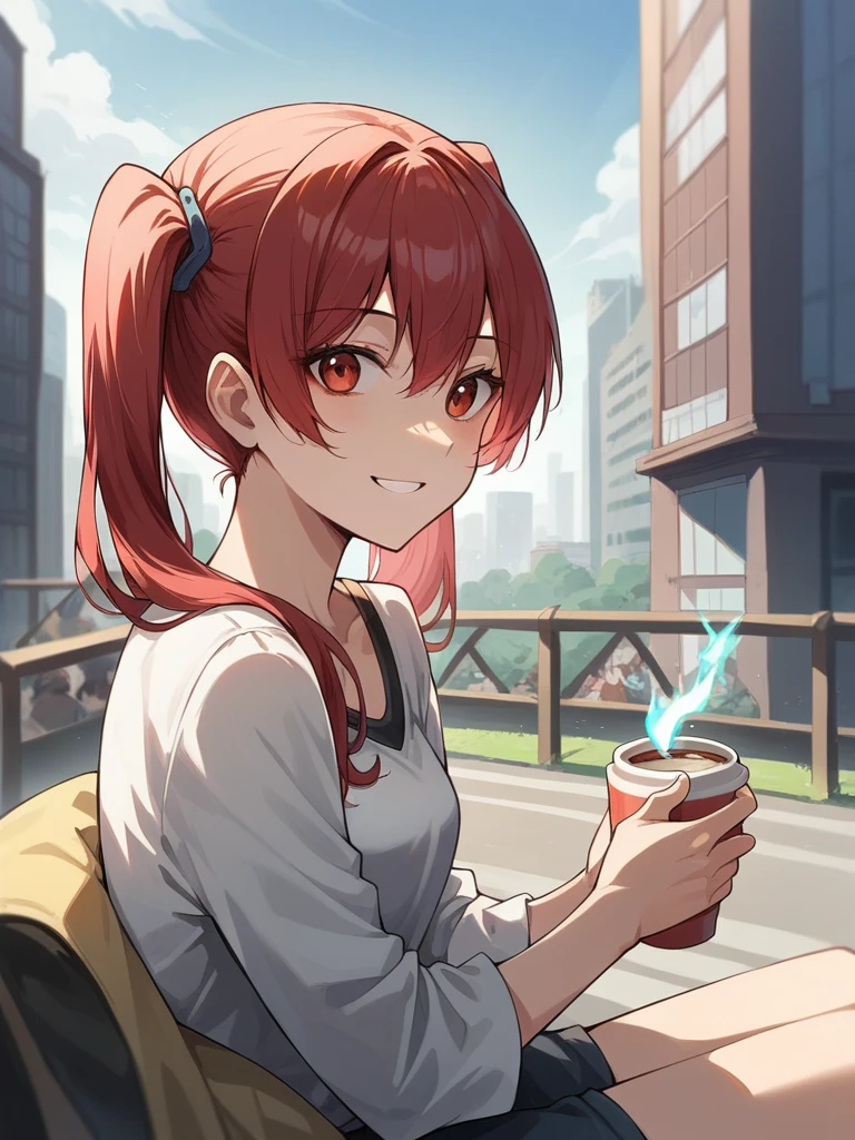 (digiNokia:1.3) , red hair, twintails, medium breast, energy, active, sitting, outdoors, uper body close_up, side view, looking at viewer, holding a cup of cofee, smile, City background, crowded, background blur, casual outfit, masterpiece, high quality, score_9, score_8_up, score_7_up, score_6 