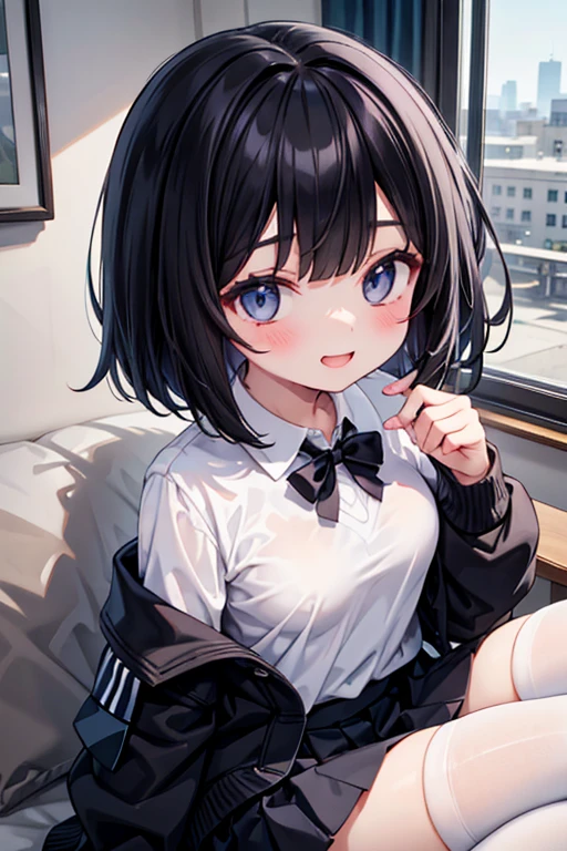 (best quality), (Super detailed), (Best Illustration), (masterpiece), score_9, score_8_up, score_7_up, 4k, (nsfw), high contrast, upper body, (1woman), (solo:1.2),{(white serafuku), (bra lift), (show off breast:1.2), (show off nipples:1.2)}, (large breasts:1.2), {brown hair, (sideburns), (bob cut:1.3), curly hair, hairs between eyes, colored inner hair}, {(detailed eyes), blue eyes}, earring, light smile, nose blush, sweat, wind, (classroom:1.2), 