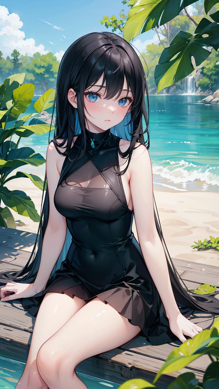 (Best Quality,4K,8K,hight resolution,masutepiece:1.2),Ultra-detailed,(Realistic,Photorealistic,Photorealsitic:1.37),Female, 20 years old,Eyes and faces with detailed,Long Wave Hair、dark brown hair、maid costume、long eyelashes,Beautiful detailed lips,Soft pastel colors,Studio Lighting,Garden background,,subtle water droplets on her skin,Hair that flutters in the wind、beautiful colored lake、captivating blue eyes,