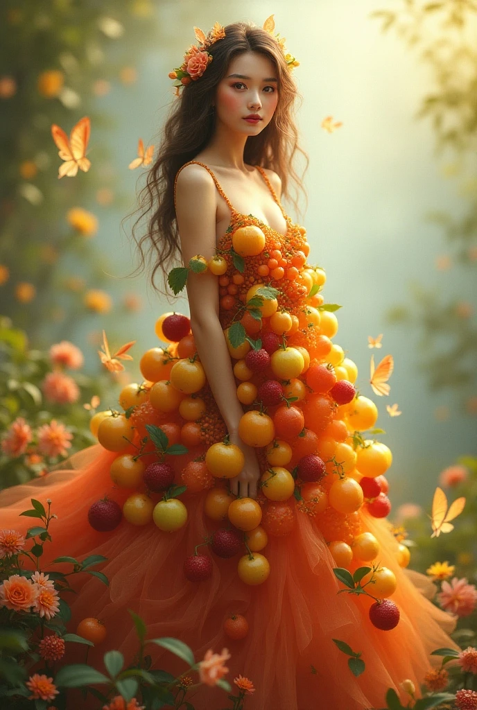 Surreal art of a woman made of pears, tangerine honeycombs, and apples all over her sensual body