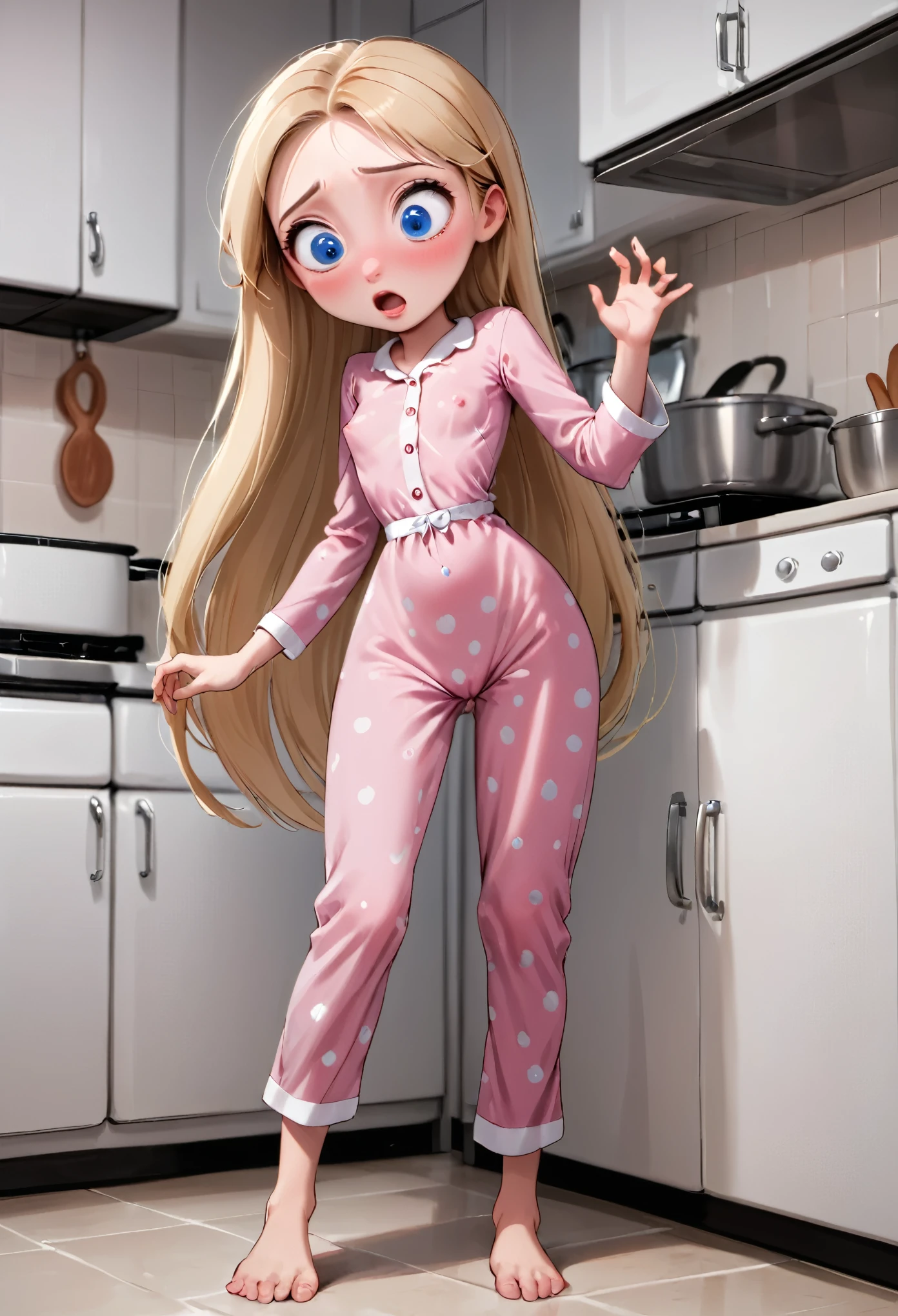 Small girl, young, full body, (solo 0.6), straight blonde hair, very long hair, blue eyes, nipple outline, indoors, night, pink silk pajamas, surprised, red faced, intense blushing, open refrigerator, standing, kitchen, looking down, tiny breasts, slender body, thin waist, cute, (Disney pixar style 0.5)