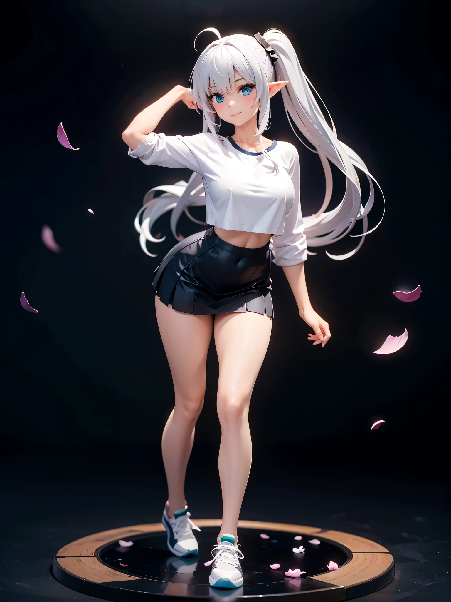 realistic image, detailed image, coherent image, 1 beautiful elf, she has very long hair, white hair, light blue eyes, smiling expression. She is wearing a long-sleeved t-shirt, showing her navel, a pleated miniskirt, sneakers, She has a curvy body, medium breasts and thick thighs, She is posing sensually, lifting her skirt a little, arching her back, black background, uniform background, starry night, flower petals falling around, Soft focus, full body view, Dramatic shadows, Volumetric lighting, natural lighting,Alisa Mikhailovna Kujou,ahoge