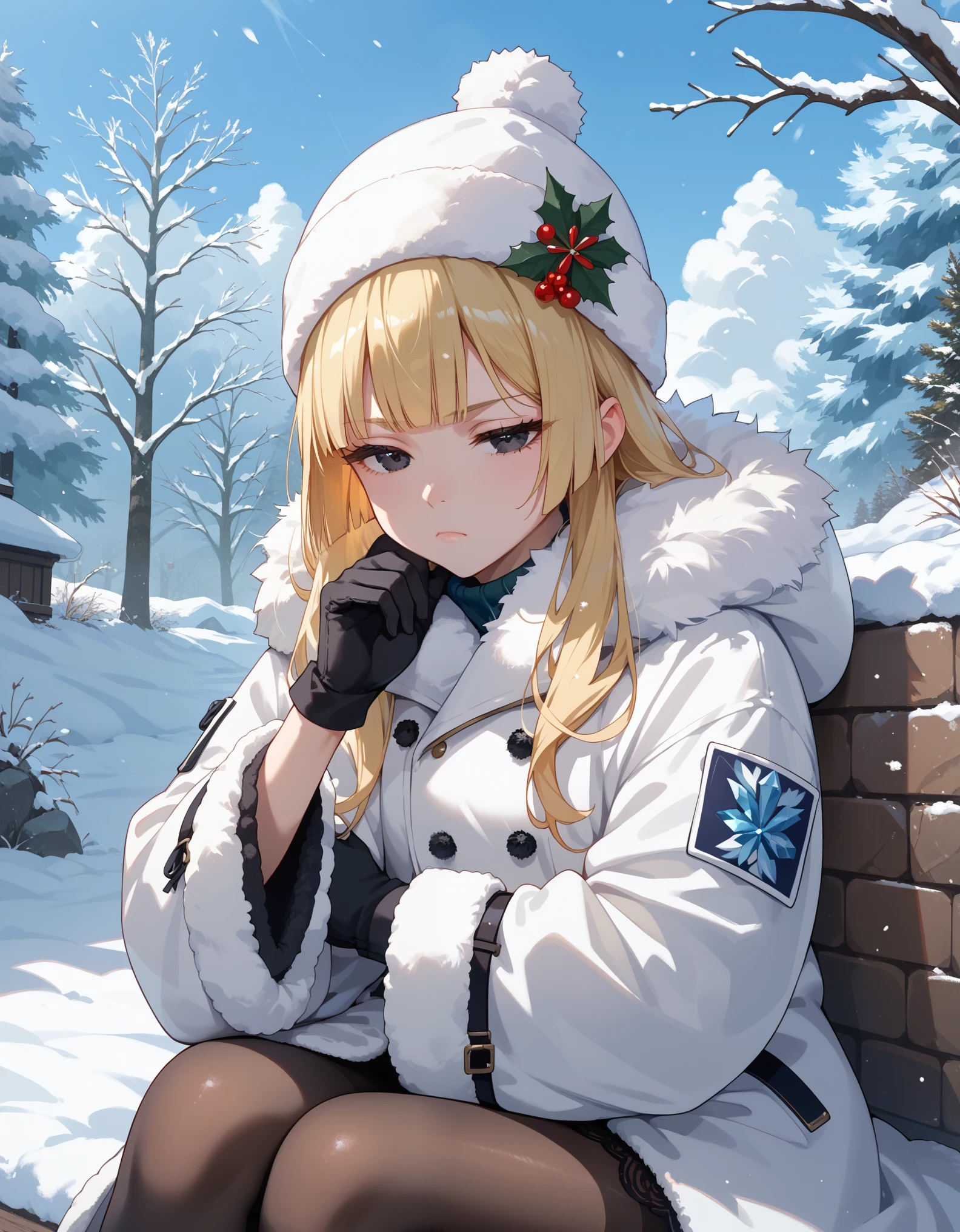 score_9, score_8_up, score_7_up, 1girl, blonde hair, hime cut, black eyes, closed mouth, bored, half-closed eyes, winter clothes, small hat, white coat,fur-trimmed sleeves, long sleeves, wide sleeves, black gloves, black pantyhose, winter, snow, ice,