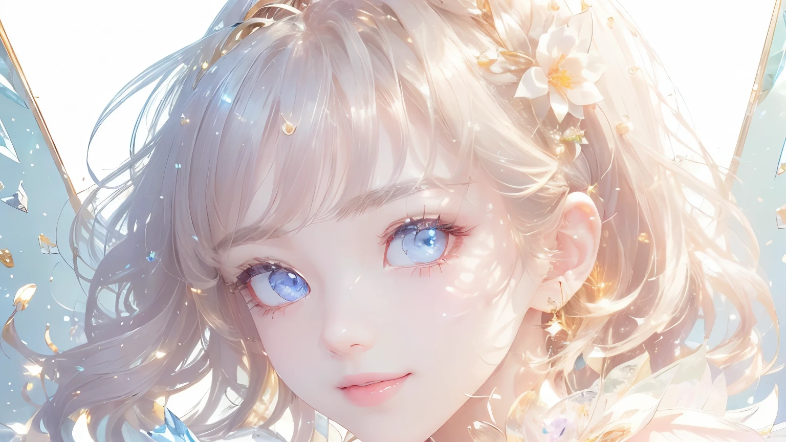 (masterpiece、Best Quality、Best Quality、 beautiful and beautiful :1.2)、(Good anatomy:1.5)、 focus on eyes 、Picture of a girl with milk-colored hair 、crystal clear princess dress、Jewelry Tiara, beautiful smile、 camera 、Diffuse reflection of light、Gold Flower,Silver Flower,Pearl Light