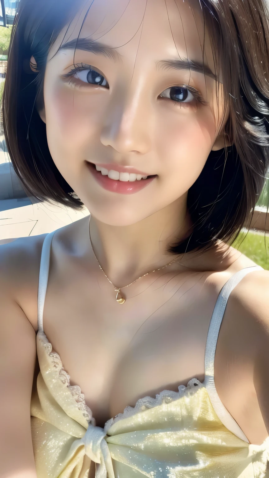 (masterpiece,Best Quality:1.4),(8k, RAW Photos,Realistic:1.2),shiny skin,Detailed skin,  detail face , detail eyes, detailed background、 1 girl, Japanese idols, Facial beauty,(Sparkling Eyes:1.2),Kind eyes、smile、 symmetrical eyes, great background 、 great location、 bust enhancement、詳細なFront cross lace floral tight mini dress,Excellent ratio、Extremely sexy, cute face、Young Japanese