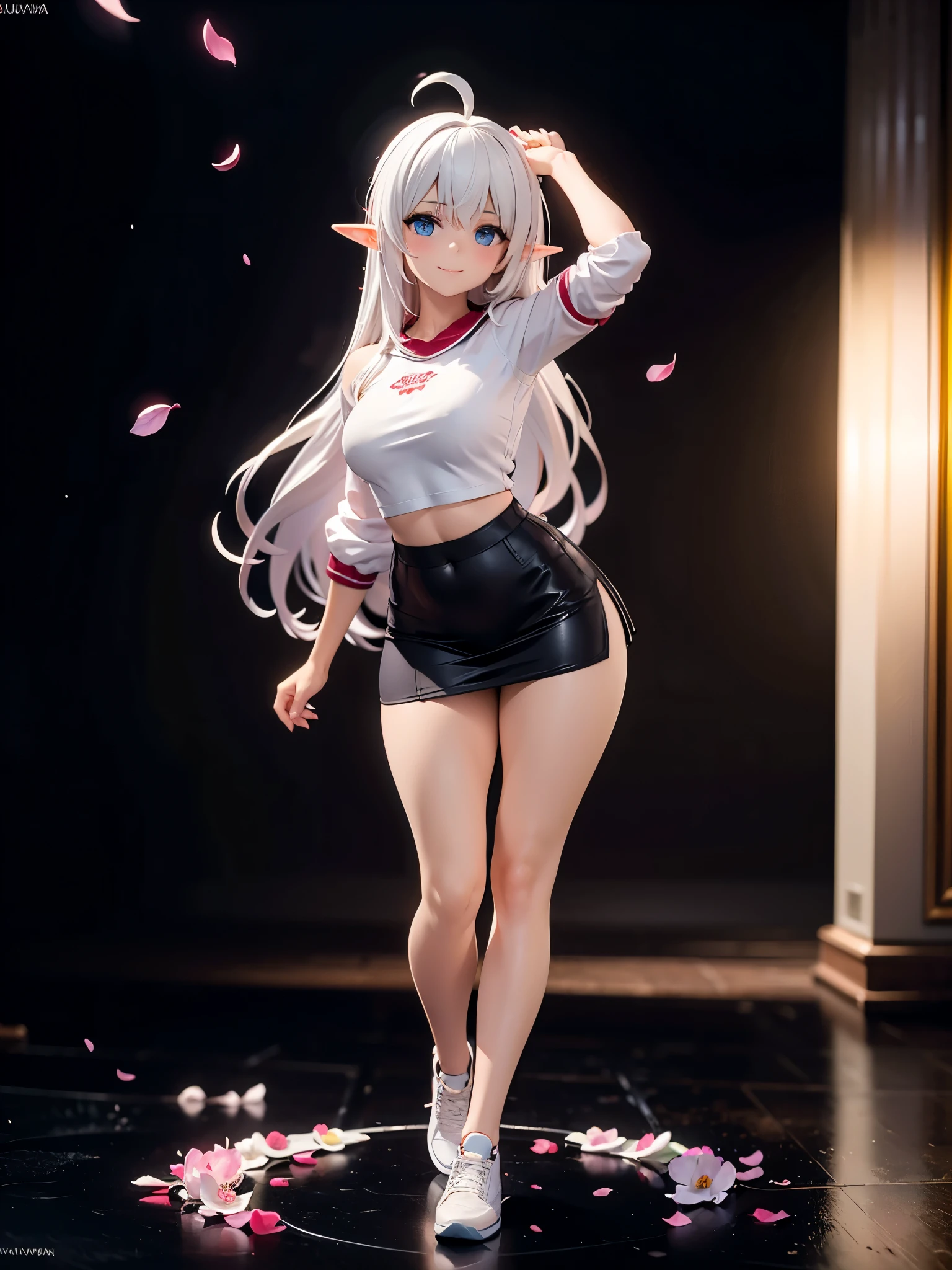 realistic image, detailed image, coherent image, 1 beautiful elf, she has very long hair, white hair, light blue eyes, smiling expression. She is wearing a long-sleeved t-shirt, showing her navel, a pleated miniskirt, sneakers, She has a curvy body, medium breasts and thick thighs, She is posing sensually, lifting her skirt a little, arching her back, black background, uniform background, starry night, flower petals falling around, Soft focus, full body view, Dramatic shadows, Volumetric lighting, natural lighting,Alisa Mikhailovna Kujou,ahoge