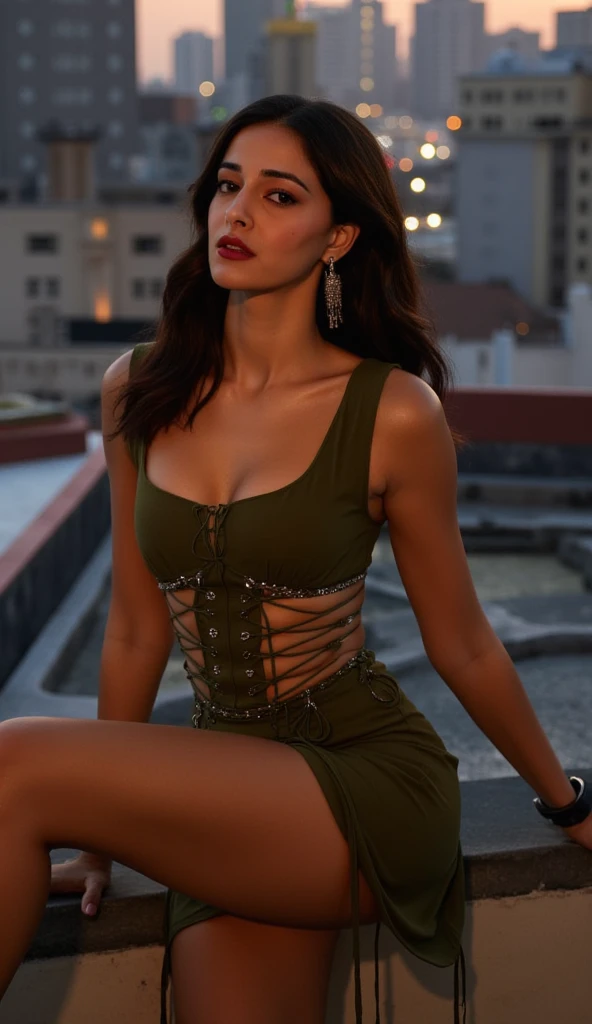 Full body photo of  bollywood actress  , posing with one leg extended,  realistic red lips, slim, cute face,  black eyes, sexy wearing a  sexy olive Cut Out Mini Dress  One Shoulder Side Bandage Skirt Hot Cleavage Drawstring Bodycon Party Clubwear  nude, deep cleavage which reveals a glimpse of her nipples and extending beyond her navel, uncensored, posing for a photoshoot,  roof top    (cinematic:1.3), intricate details, (ArtStation:1.2), high resolution ,4K