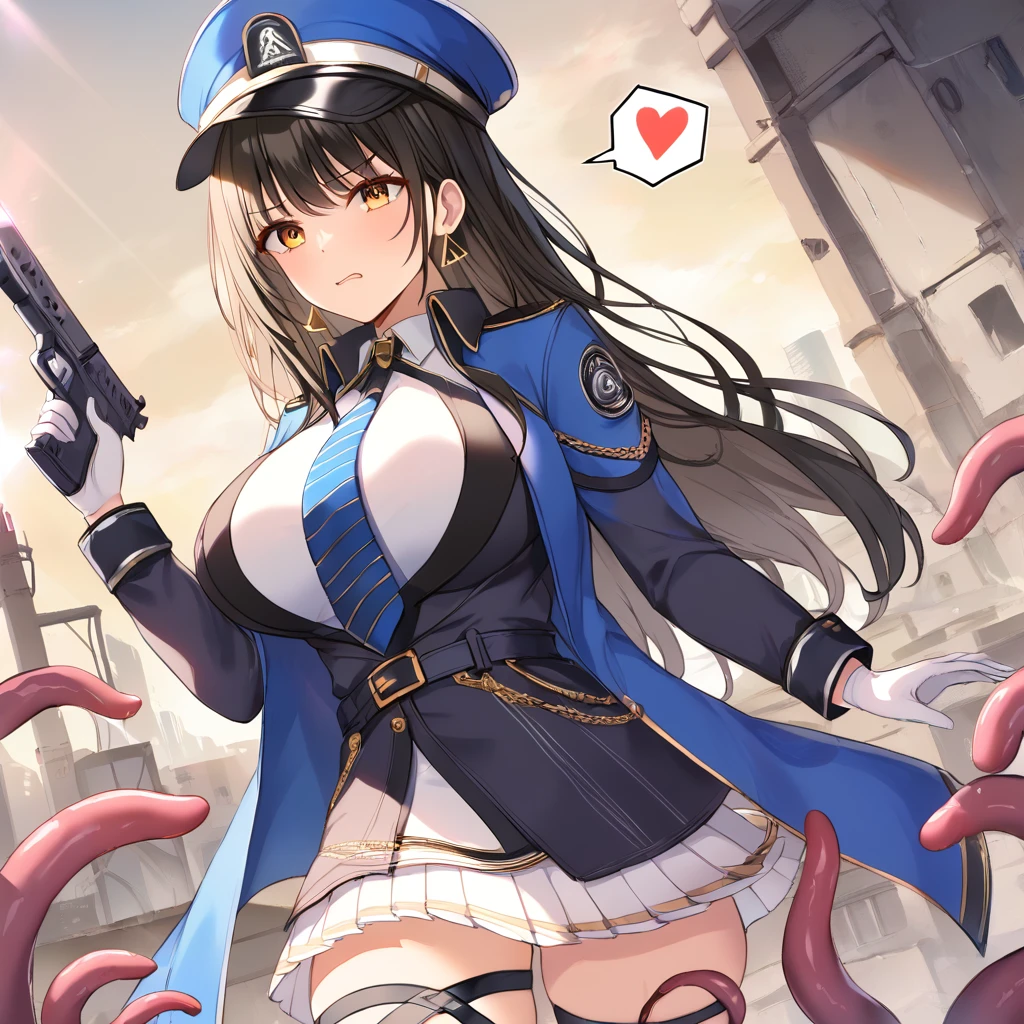 nsfw, 【FHD,  Super detailed, Best Quality、Very delicate, lens, masterpiece, Best Quality, throw,  】
whole body, torn clothes , 
abandoned building, magic hour, 
Attractive face, Amber Eyes!, Black Hair, Long Hair, bangs, Big Breasts,  big butt ,  seductive thighs ,  Peaked Cap,  gold earrings　Blue coat,  thigh strap , uniform,  black jacket,  white shirt, Colored Shirt,  blue tie,  pleated skirt , White Skirt, belt,  white gloves,  thigh strap , ニーハイブーツ standing shooting a gun in front of her, 
Tentacle Monster, Tentacle Attack, Tentacle,
scared, disgust, 
spoken, 