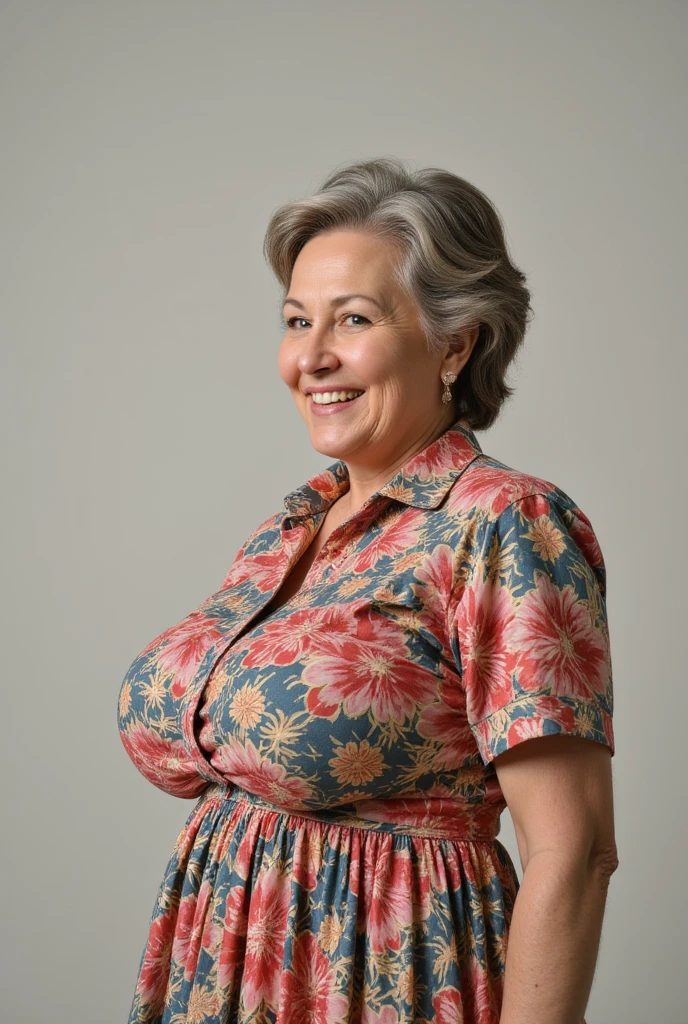 A real photo of a mature grandmother with huge full breasts, detailed face, graying hair, happy smile, colorful flare skirt shirtwaist dress, profile view, sharp focus, profile view, fully clothed, huge round breasts, over-the-shoulder shot, full body, huge breasts