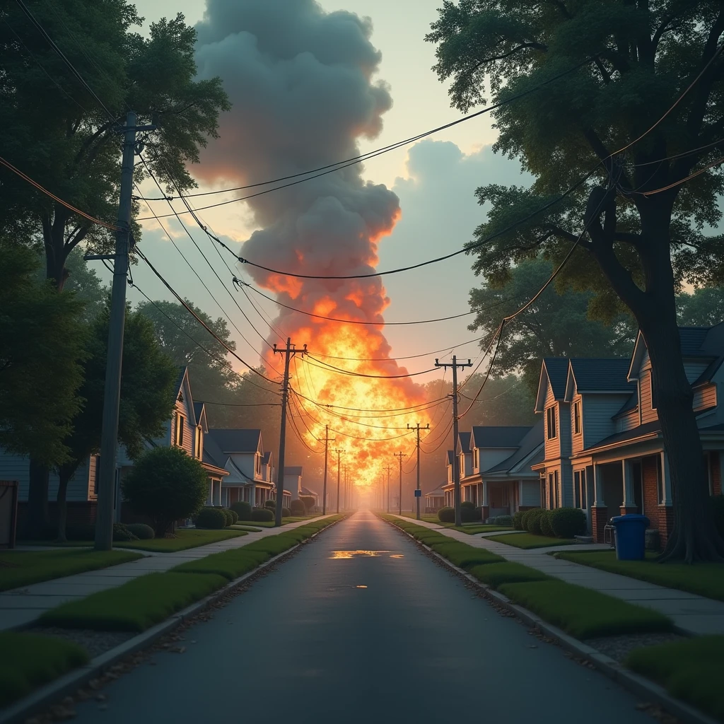An alien spaceship falling in the farm, shot from distance,a farm house, smoke, falling spaceship