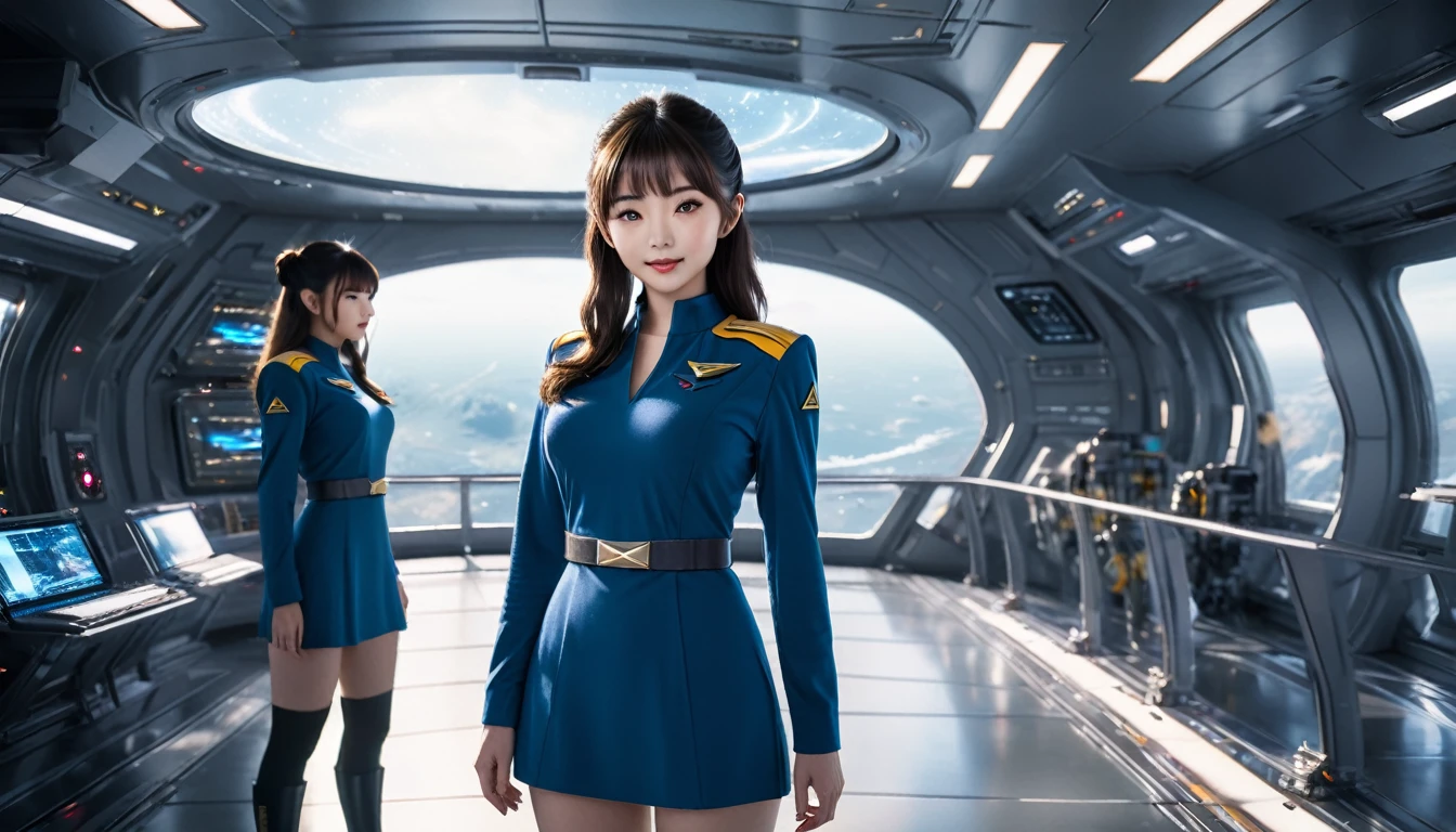  short bangs , futuristic, Kanna Hashimoto,  Movie Lighting,  ray tracing, Reflected Light, blend, Fuji Color,   first-person view , multiple views, ,  wide shot,  Atmospheric Perspective , Best Quality,  Hi-Res, 1080P, retina, masterpiece,  anatomically accurate,  wrinkled skin, Super detailed, Three Views, (((whole: 1.5))),  a 25-year-old female spaceship enterprise captain stand on the enterprise bridge at Spaceship Bridge with Bridge、Command the crew of a spaceship,  with large window in the background 、 Another spaceship firing at Enterprise ,  short shiny lacquered captain uniform dress .  above the knee boot belt with weapons ,  computer console , screen, button, switch, タッチscreen,  several crew members on the bridge , ((  Starship Enterprise insignia on the chest  : 1.4)),  short tight uniform dress with a deep V-neck , (((Large spaceship bridge with  several crew members on the bridge : 1.5))), (((Heavy makeup,  Long eyelashes, Long nails: 1.2))), Intimidating posture,  shiny pantyhose , (( shiny lacquer scabbard uniform dress : 1.3))
