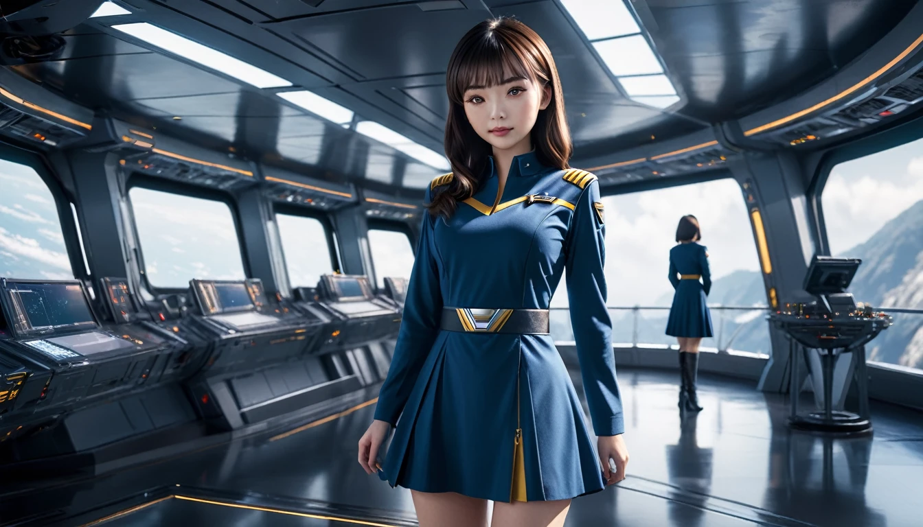  short bangs , futuristic, Kanna Hashimoto,  Movie Lighting,  ray tracing, Reflected Light, blend, Fuji Color,   first-person view , multiple views, ,  wide shot,  Atmospheric Perspective , Best Quality,  Hi-Res, 1080P, retina, masterpiece,  anatomically accurate,  wrinkled skin, Super detailed, Three Views, (((whole: 1.5))),  a 25-year-old female spaceship enterprise captain stand on the enterprise bridge at Spaceship Bridge with Bridge、Command the crew of a spaceship,  with large window in the background 、 Another spaceship firing at Enterprise ,  short shiny lacquered captain uniform dress .  above the knee boot belt with weapons ,  computer console , screen, button, switch, タッチscreen,  several crew members on the bridge , ((  Starship Enterprise insignia on the chest  : 1.4)),  short tight uniform dress with a deep V-neck , (((Large spaceship bridge with  several crew members on the bridge : 1.5))), (((Heavy makeup,  Long eyelashes, Long nails: 1.2))), Intimidating posture,  shiny pantyhose , (( shiny lacquer scabbard uniform dress : 1.3))
