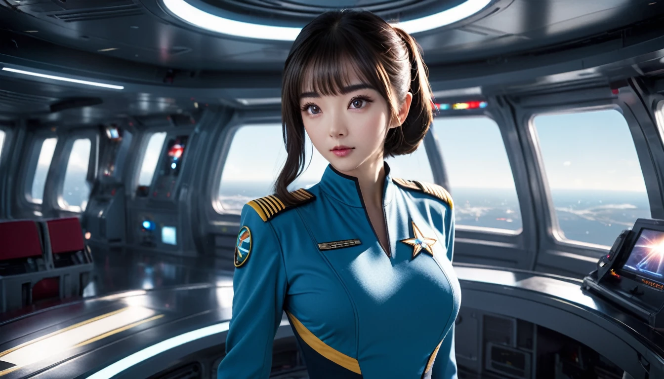  short bangs , futuristic, Kanna Hashimoto,  Movie Lighting,  ray tracing, Reflected Light, blend, Fuji Color,   first-person view , multiple views, ,  wide shot,  Atmospheric Perspective , Best Quality,  Hi-Res, 1080P, retina, masterpiece,  anatomically accurate,  wrinkled skin, Super detailed, Three Views, (((whole: 1.5))),  a 25-year-old female spaceship enterprise captain stand on the enterprise bridge at Spaceship Bridge with Bridge、Command the crew of a spaceship,  with large window in the background 、 Another spaceship firing at Enterprise ,  short shiny lacquered captain uniform dress .  above the knee boot belt with weapons ,  computer console , screen, button, switch, タッチscreen,  several crew members on the bridge , ((  Starship Enterprise insignia on the chest  : 1.4)),  short tight uniform dress with a deep V-neck , (((Large spaceship bridge with  several crew members on the bridge : 1.5))), (((Heavy makeup,  Long eyelashes, Long nails: 1.2))), Intimidating posture,  shiny pantyhose , (( shiny lacquer scabbard uniform dress : 1.3))
