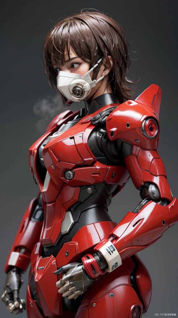 最  high quality非常に  Details,   Details,   high quality, 最  high quality,   kampala, 1080P,  hard disk , beautiful,(War Machine),( tight fit headgear),See the whole picture,beautifulサイボーグ女性, redmecha cyborg  girl holding a robot head with both hands,BATTLE MODE,Mecha Body Girl　8k red body armor 　  girl　Sweaty face　Droopy eyes　  short hair 　  gas mask with extended nozzles  　  boyish  　Steam coming out of my head　  My hair is wet from sweat 　Brown Hair,   steam is coming out of the mouth   　  bed close to target　  no exposed skin under the face 　(Karate pose)   back view 　(( Drenched ))