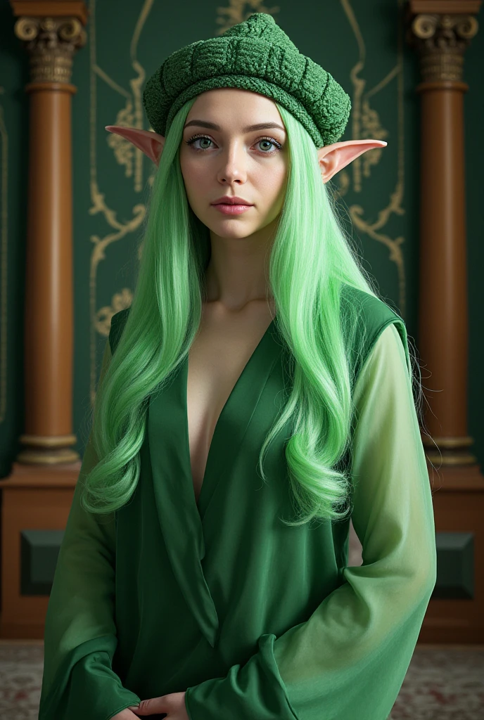 Master piece, girl with green hair and a green hat standing in a room, splash art, style artgerm, elf girl, range murata and artgerm, artgerm lau, vivy, style of artgerm, style league of legends, ruan jia and artgerm, artgerm style, ! dream artgerm