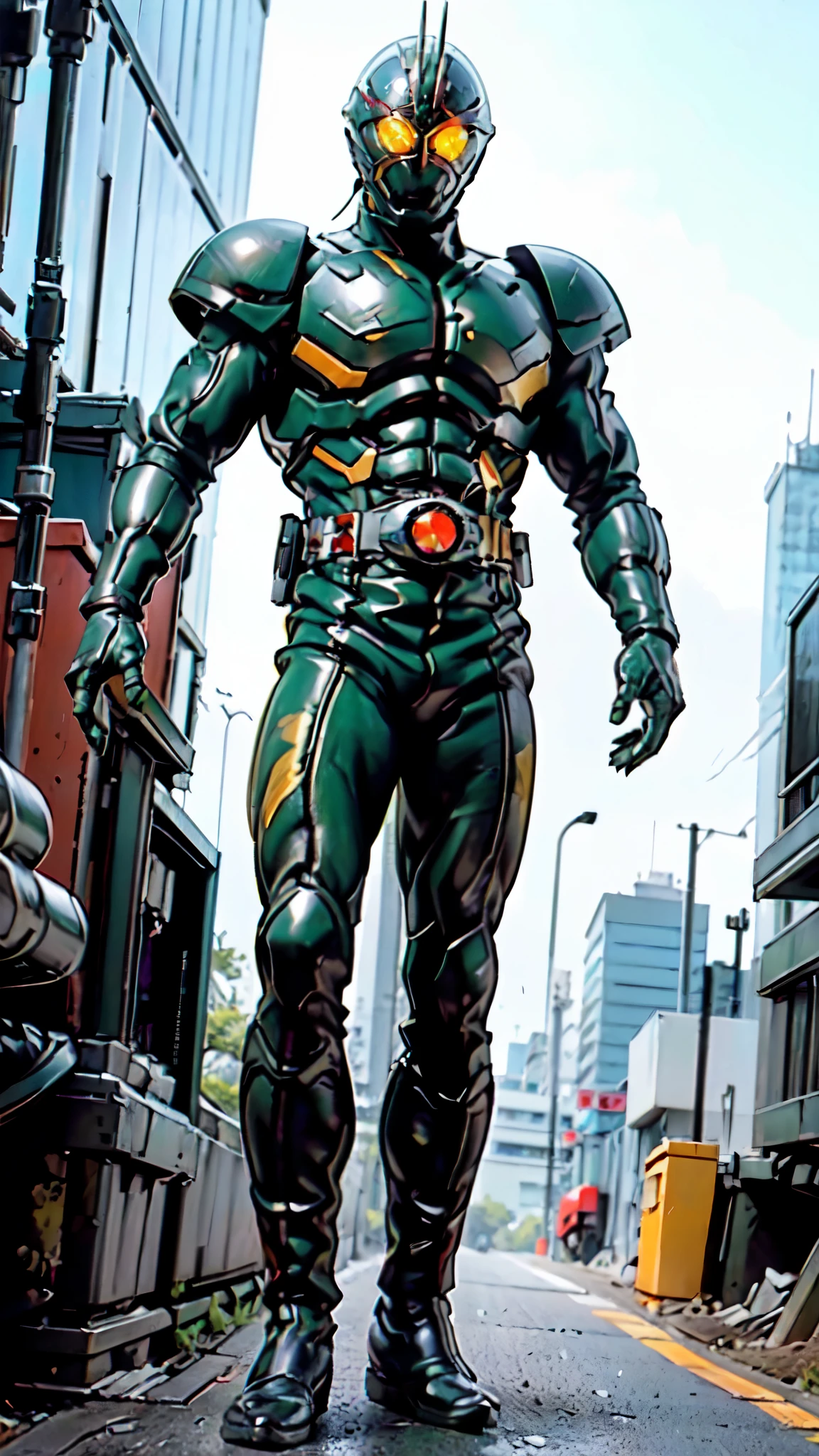 (masterpiece:1.5, best quality:1.5, extremely delicate:1.5), ((male:1.5)), a man wearing a full-face helmet, green eyes, fantasy-style high-tech biomimetic armored combat suit, (a composite layered chest armor), the design balances heavy with agility, fully enclosed shoulder guards, matching arm and leg guards, a belt of gemstone, (the color scheme is primarily Green and Red with Blue and Yellow accents, Organic Biotech, Concept Inspired by gemstone, glowing eyes, armor glows, stand of a futuristic sci-fi city), this character embodies a finely crafted fantasy-style armored hero in anime style, exquisite and mature art style, metallic, high definition, highres, ultra-detailed, ultra-fine painting, professional, perfect body proportions, golden ratio, anatomically correct, symmetrical face, extremely detailed eyes and face, high quality eyes, creativity, RAW photo, UHD, 32k, Natural light, cinematic lighting, masterpiece-anatomy-perfect