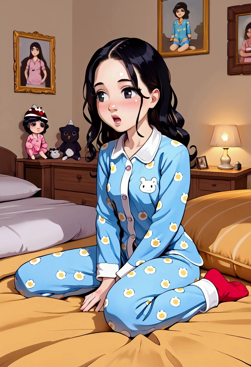 best quality, masterpiece, ultra high res, 8K, raw, (photo realistic:1.4), physically-based rendering, depth of field, looking at viewers, slender, (sitting:1.1), in the bed room, detailed beautiful face, 1 girl, cute, young, nose blush, big black eyes, open mouth, tiny breasts, black hair, detailed clothes, (pajamas:1.3), no shoes ,pureerosface_v1,