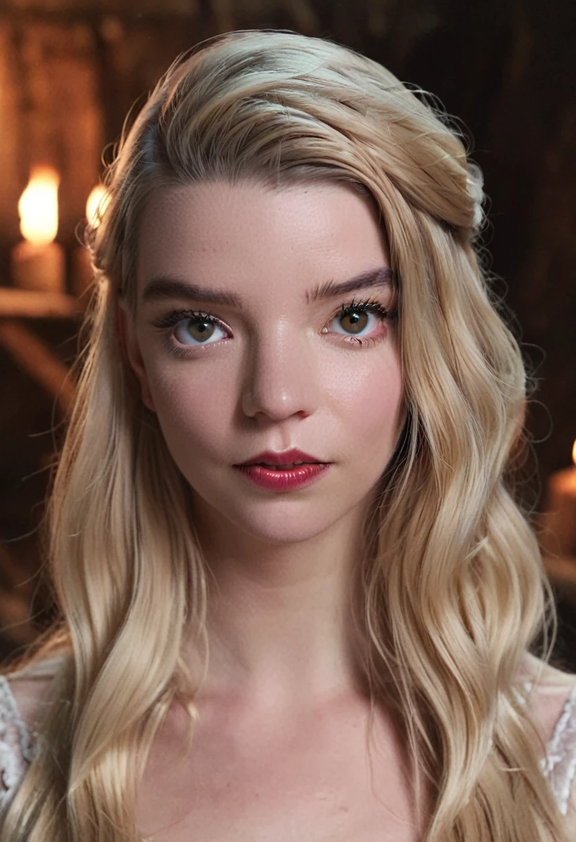 "Anya Taylor Joy, long-haired blonde, is "the witch" of the farm, goats, white gaze, possessed, well-defined face, super angle, frontal, radiant background, natural, atmosphere, mysterious, volumetric lighting, masterpiece, highly detailed skin, poris, cinematic, add_Detail, 4k, high definition"