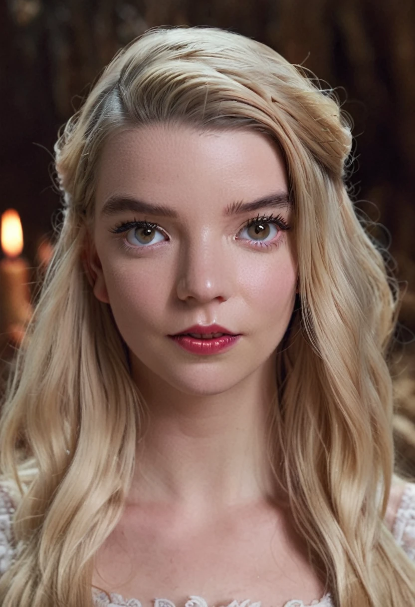 "Anya Taylor Joy, long-haired blonde, is "the witch" of the farm, goats, white gaze, possessed, well-defined face, super angle, frontal, radiant background, natural, atmosphere, mysterious, volumetric lighting, masterpiece, highly detailed skin, poris, cinematic, add_Detail, 4k, high definition"