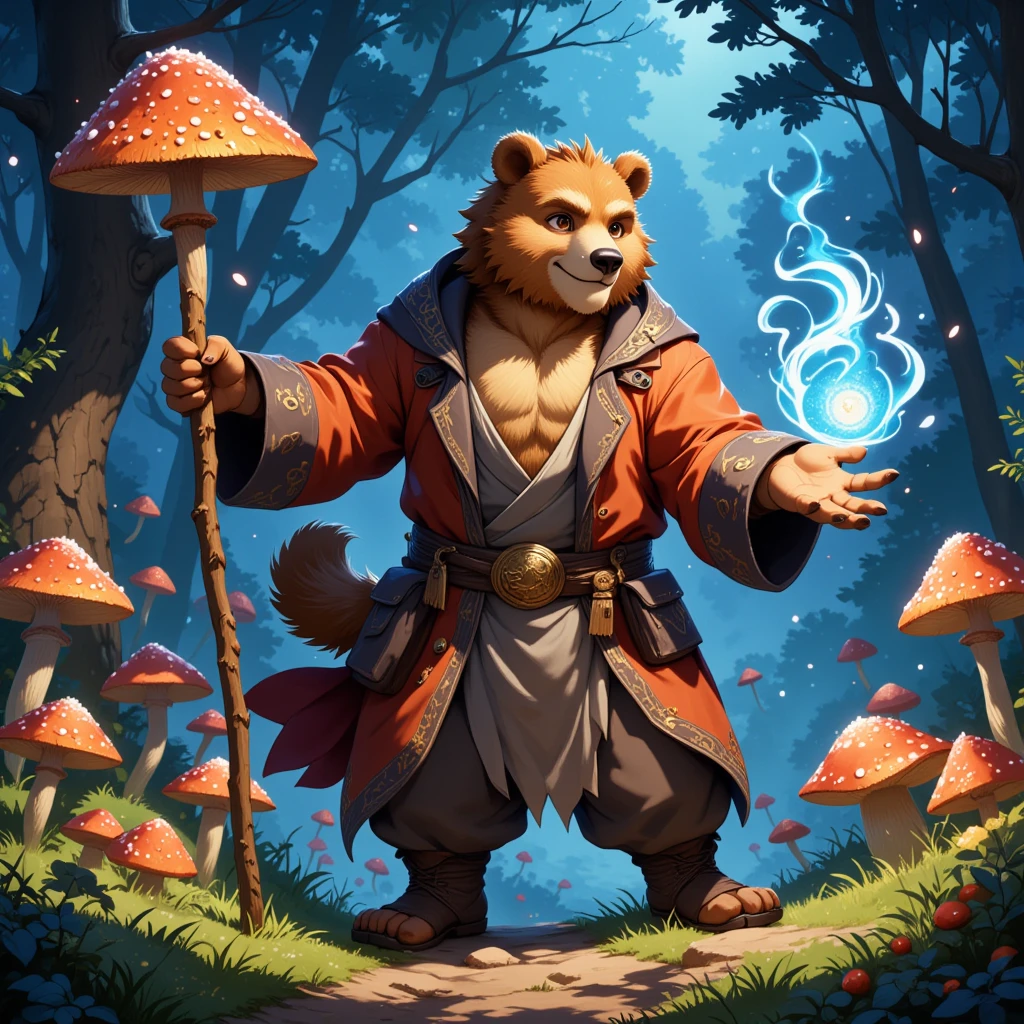 character focus, full body, looking away, dynamic angle, fantasy, middle-aged magical bear man, little smile, magical costume clothes, magical mushroom stick, casting light magic, robe, shirt, pants, boots, BREAK full body in Michelangelo Buonarroti style, housamo style, digital illustration anime, detailed painting landscape, magical Forest, glowing mushrooms grow everywhere, like a picture book, full color, HDR, BREAK complete anatomy, perfect proportions, beautiful thigh gap, fluffy body, intricate fur details, beautiful fur texture, BREAK a detailed bear 1tail, detailed boots, detailed 4toes, detailed foot, detailed hands, 5fingers, 5fingers nails, BREAK aesthetic anime face, insanity detailed face, male face, big face, square jawline, aesthetic anime eyes, detailed brown eyes, detailed brown cornea, detailed dark brown irises, detailed pupils, male eyes, big eyes, male eyebrows, innocent look, beautiful beard, BREAK masterpiece, official art, best quality, very aesthetic, absurdres, super fine illustration, great quality, BREAK noise reduction, very highres, large filesize, high quality, 32K, 8k wallpaper, dynamic lighting, BREAK insanity detailed, ultra detailed, intricate details, extremely detailed, detailed texture, an extremely delicate and beautiful, BREAK e621 illustration, osukemo, kemohomo, anthropomorphic, furry, cartoon, harmonious, pastoral face, virtuous eyes, magical atmosphere