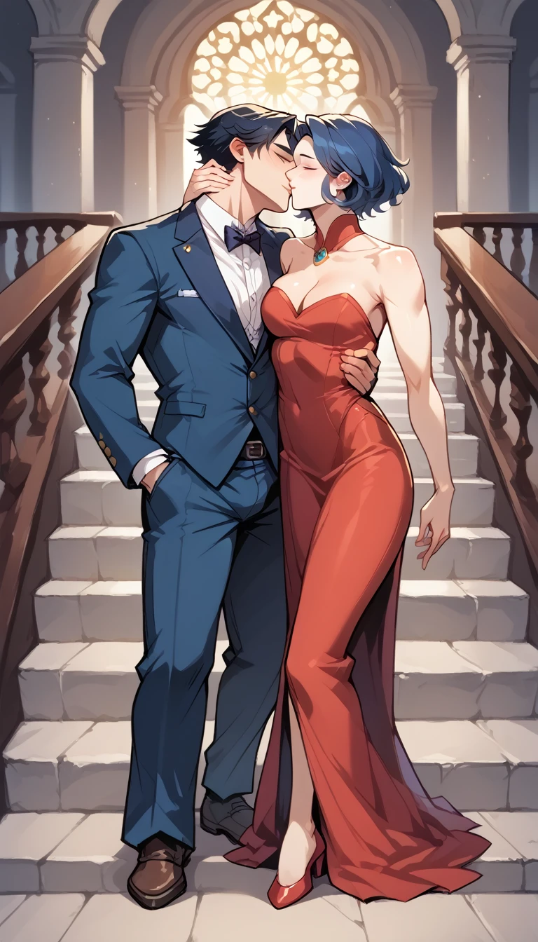 best quality, masterpiece, hyper realistic, two men, extremely handsome japanese man, fluffy medium length hair, athletic build, elegant ouji style clothes, semi erection bulge, walking down the stairs of fancy luxurious castle, hand on railing, passionate neck kiss, another muscular man, he is dressed as a very sexy butler, romantic atmosphere, perfect fingers, perfect hands, perfect face, perfection