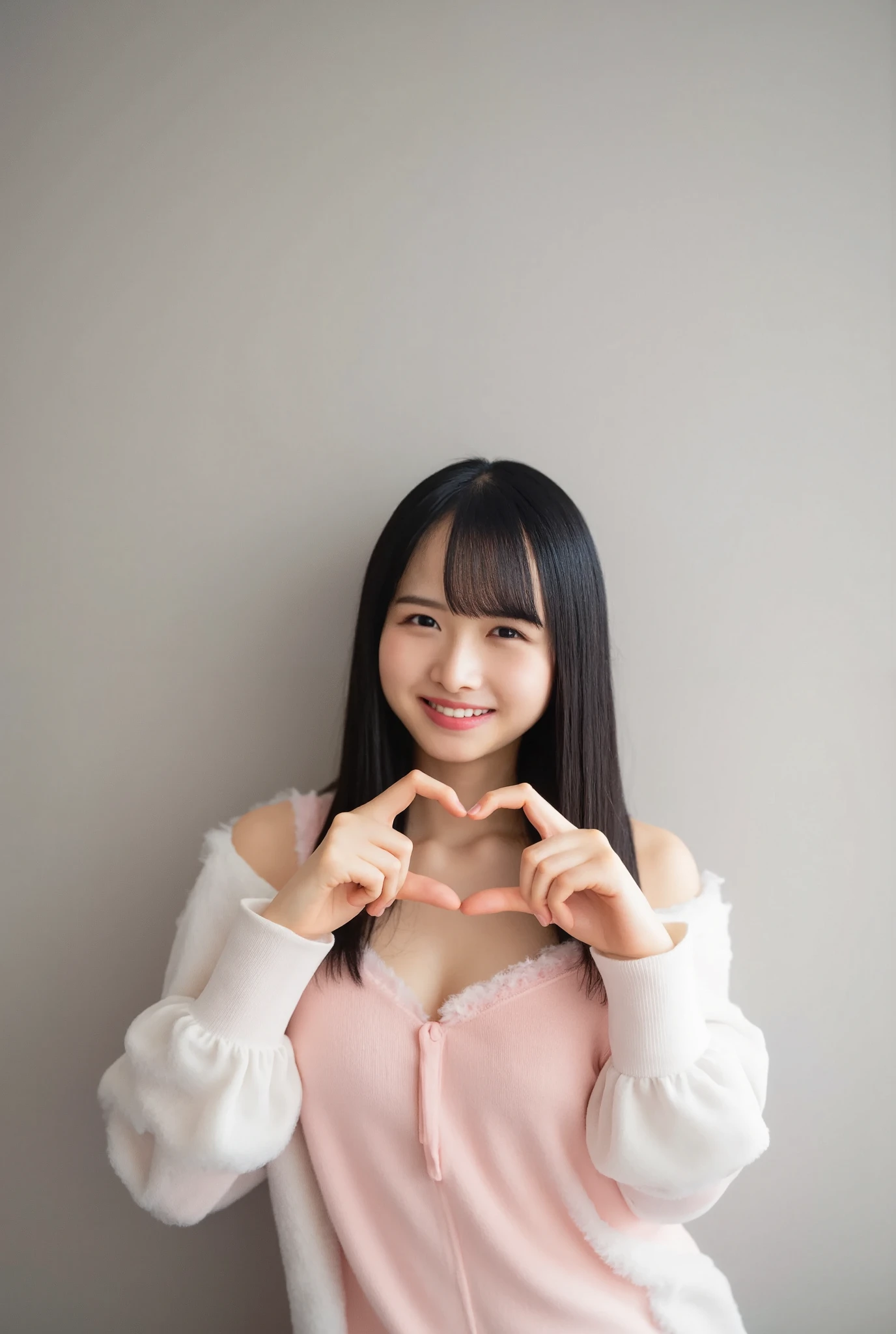 Only one woman with a cute smile wears cute, fluffy off-shoulder pajamas, makes a big heart shape with both hands, and poses them in front of her chest, View above collarbone、The background is a monotone 

