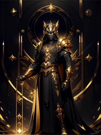 High quality, masterpiece, best detail, full body, man in black armor with golden runes, wolf ears on a black helmet with golden runes, moon overhead, meditating in lotus position, holding the universe in his hands, absorbing it