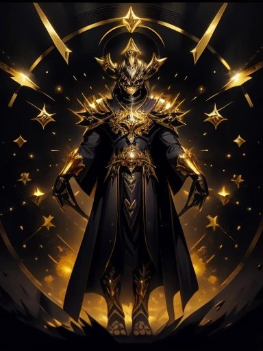 High quality, masterpiece, best detail, full body, man in black armor with golden runes, wolf ears on a black helmet with golden runes, moon overhead, meditating in lotus position, holding the universe in his hands, absorbing it