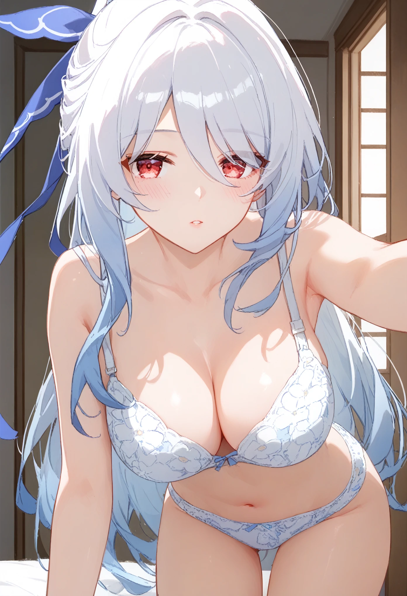 jingliu (honkai: star rail), 1girl, long hair, looking at viewer, blush, large breasts, red eyes, navel, hair between eyes, cleavage, bare shoulders, collarbone, white hair, hair ribbon, thighs, cowboy shot, parted lips, indoors, stomach, bare arms, leaning forward, floral print, underwear only, blue ribbon, white bra,standing doggy,