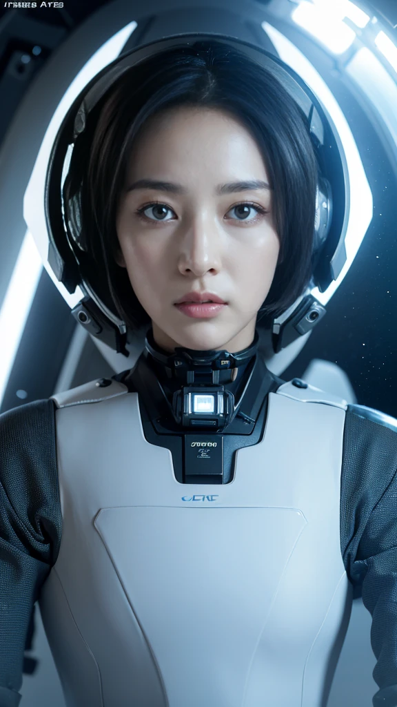 Alone,   high definition , masterpiece,  Best Quality,   Ultra High Definition,  woman、Short hair parted to the center 、Slanted Eyes、Stern face、Cold look、 High Pressure Atmosphere 、Age 35、Futuristic SF 、 Space Force Combatants 、 Near Future Battle Suits、 The background is inside a spaceship、(( I'm looking at this)),