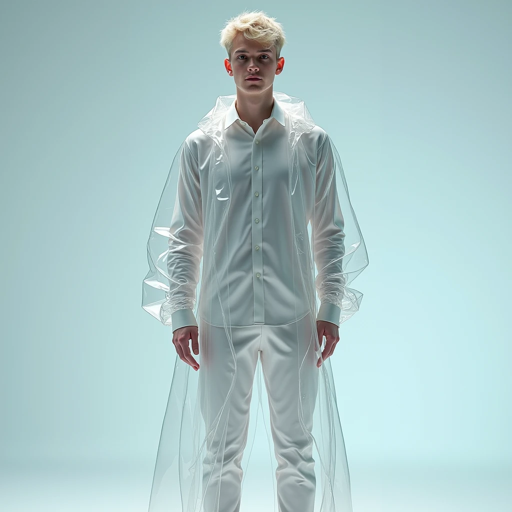 portrait of pietroboselli person, (transparent see through long sleeve hooded suit:1.2), professional photography, high resolution, 4k, detailed photo, penis
