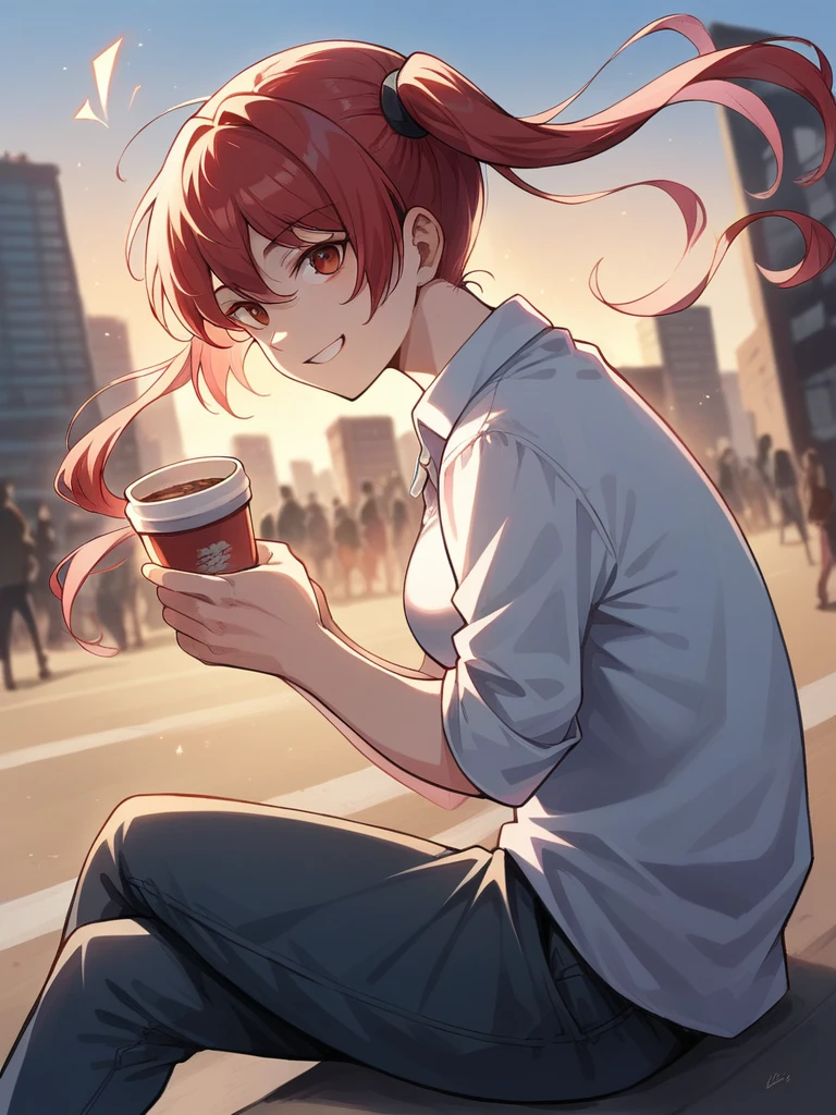 (digiNokia:1.3) , red hair, twintails, medium breast, energy, active, sitting, outdoors, uper body close_up, side view, looking at viewer, holding a cup of cofee, smile, City background, crowded, background blur, casual outfit, masterpiece, high quality, score_9, score_8_up, score_7_up, score_6 