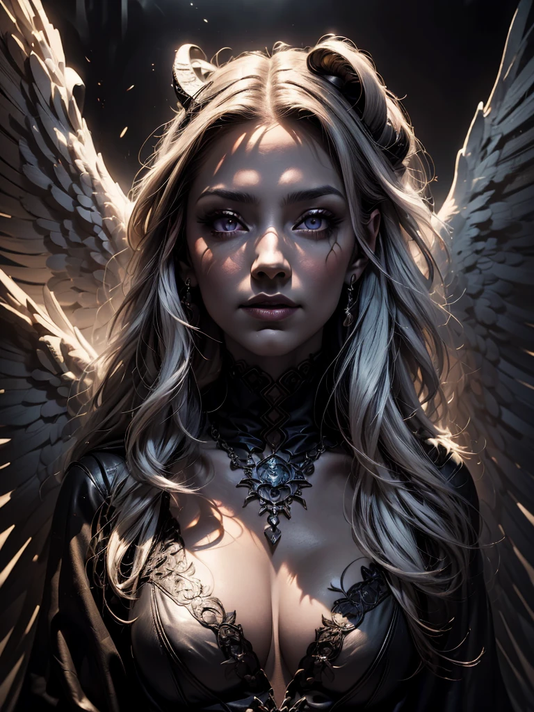 There is a beach there stand female , she have beatiful face and different eyes colour right red left is blue, with sexy dark make up, her right half of her hair is crimson red and left half is blond, she have demonic horn on right side of her head, also she have wings on her back, right wing is demonic and left angelic wing, she dressed in dres which is black sexy right side and white half on left part of a dress, (ultra high quality fantasy art, dark fantasy style, masterpiece, ultra high quality character design, 8k quality anime art, realistic anime art, top quality wallpaper illustration, detailed ultra high quality accurate face, high quality design and accurate physic)