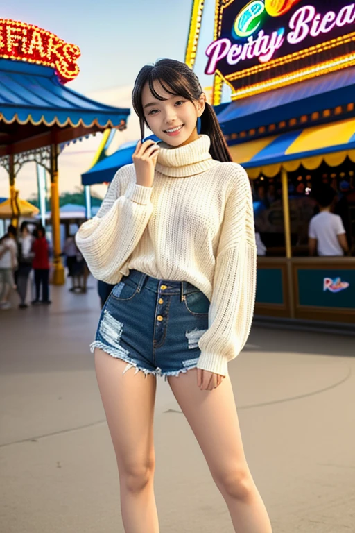 Create a full-length, hyper-realistic image of a super cute, fair-skinned 20-year-old Korean girl standing in the middle of a bustling amusement park. She has a soft, flawless complexion, big, expressive eyes, and a shy smile that captures her youthful charm. Her face is delicately shaped, with gentle, feminine features that exude innocence.

Her hairstyle is her signature look, styled in soft, loose waves that frame her face beautifully. She’s wearing a cozy cream turtleneck sweater that contrasts with her skin tone, paired with stylish denim booty shorts that accentuate her legs and playful vibe. On her feet, she sports classic white Adidas sneakers, adding a trendy touch to her outfit.

In a pose that reflects her shyness, she stands with one hip slightly tilted, her left hand resting gently on her hip while her right hand holds a can of Pepsi, bringing a casual element to her demeanor. Her expression is sweet and modest, with her gaze directed slightly downward or off to the side, creating an endearing contrast with the vibrant atmosphere around her.

The amusement park is alive with colorful rides, food stalls, and sparkling lights, creating a festive backdrop. The natural lighting casts a warm glow on her skin, highlighting the details of her outfit and making her the focal point in this lively, joyful scene. The overall image captures her beauty, charm, and the exciting yet playful ambiance of a day at the amusement park.