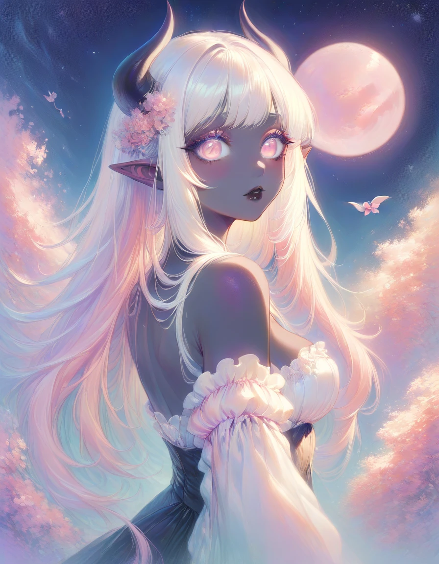 score_9, score_8_up, score_7_up, (((1 girl))), Random poses, A beautifully detailed woman, succubus female, long white hair, elf ears, large eyes, pink iris, long eyelashes, detailed facial features, black lipstick, (((Black skin))), black demon horns, breasts, pink moon, night sky, (pastel art style), (medium shot)
