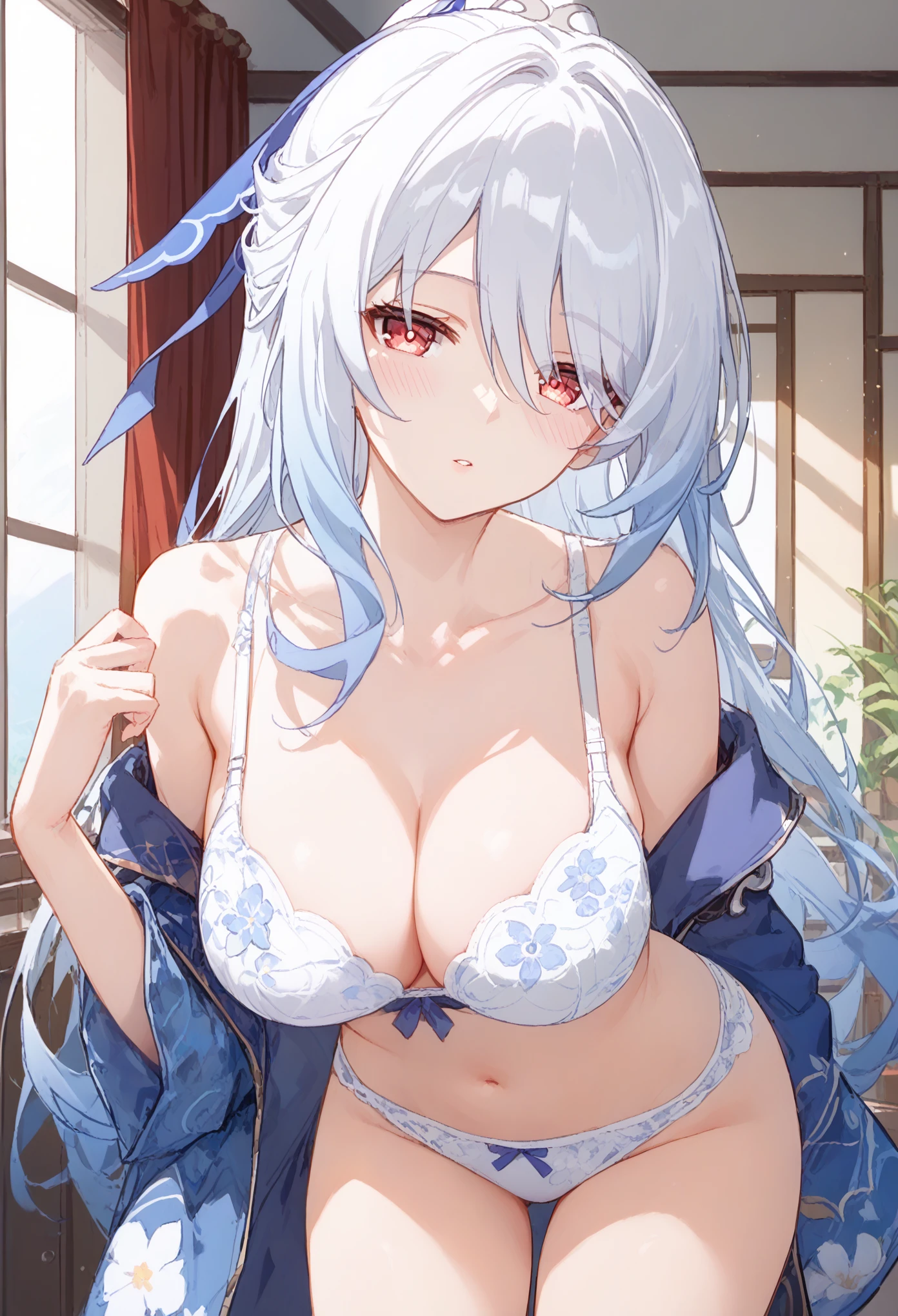 jingliu (honkai: star rail), 1girl, long hair, looking at viewer, blush, large breasts, red eyes, navel, hair between eyes, cleavage, bare shoulders, collarbone, white hair, hair ribbon, thighs, cowboy shot, parted lips, indoors, stomach, bare arms, leaning forward, floral print, underwear only, blue ribbon, white bra,standing doggy,