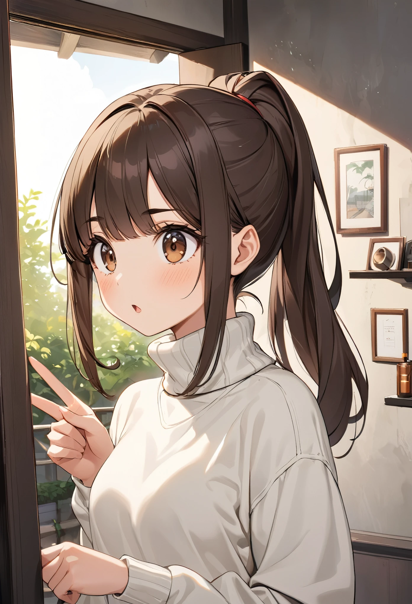 until, high quality ,  Excellent resolution , Girl alone, s, half body,  beautiful face,  well-defined features ,  innocent and surprised look that raises eyebrows , , brown eyes, girl appearance,  dark brown hair,  bangs sideways with rectangular pins , She wears a ponytail that comes out of the left side of her head ,  is standing opening the door of her house to receive someone ,  she looks surprised with her eyebrows raised while clasping her index fingers of both hands somewhat nervously,  she wears a white oyster turtleneck sweatshirt , Background of the dark house , The view is slightly sideways , de espaldas en primer plano está un chico  dark brown hair vistiendo una chamarra de cuero café, She observes him shyly 