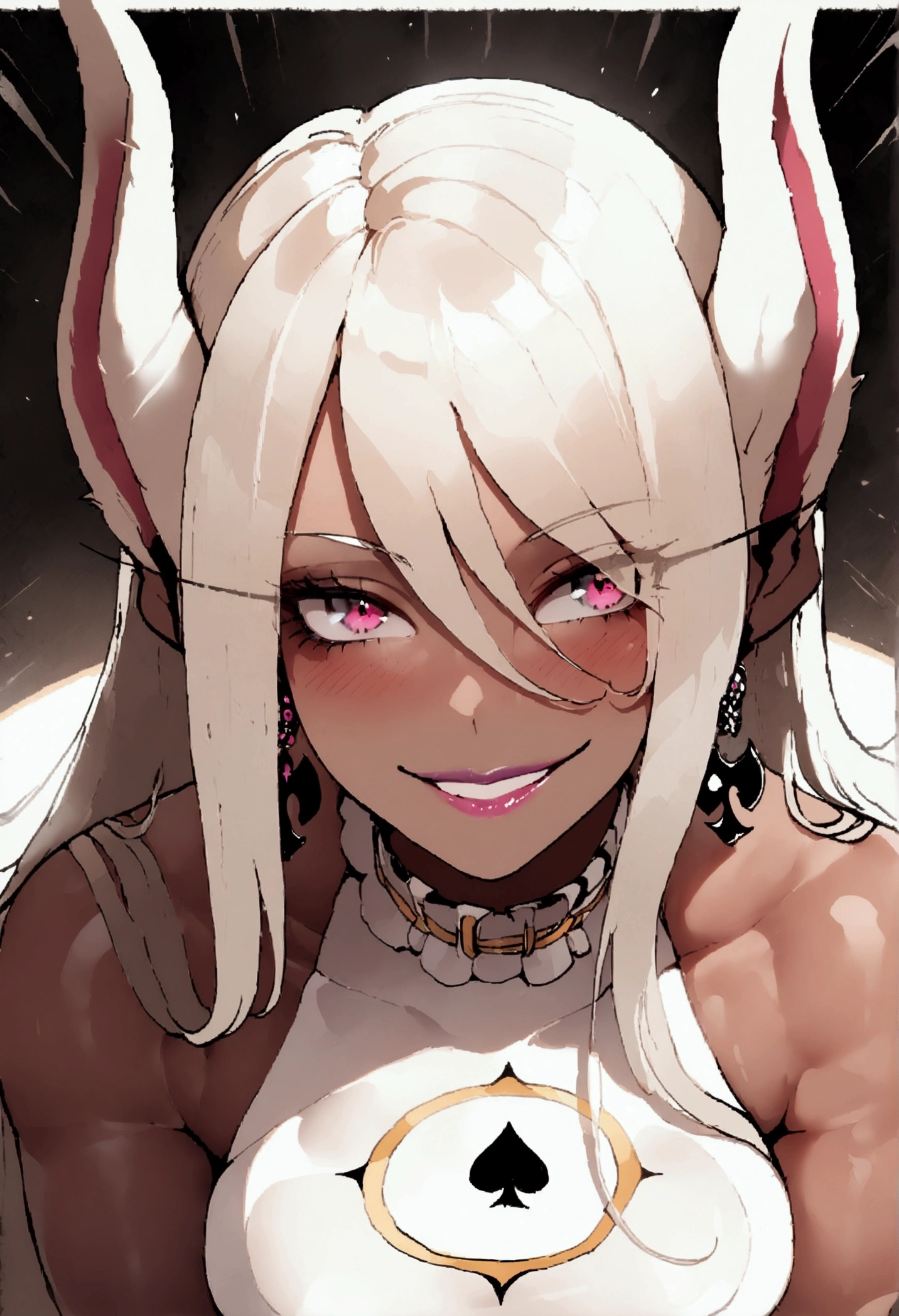 Score_9, score_8_up, score_7_up, source_anime, solo, 1girl, mature female, hina_\(blue_archive\), horns, halo, silver hair, parted bangs, long eyelashes, Ganguro, dark skin, dark-skinned female, white makeup, eyeshadow, piercings, tanned skin, shiny skin, metallic tan, lollipop, tongue out